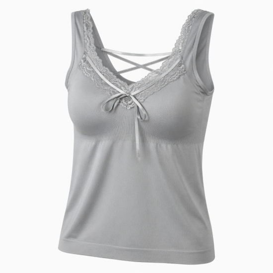 Lace Splicing Neckline Silver Ribbon Seamless tank Top Backless Tops Bra for Full Cup