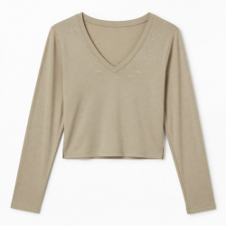 Bamboo Long Sleeve Shirts Fall Fashion Crop Tops V-Neck Appliques Eco-Friendly Breathable Slim Fitted Y2K$20