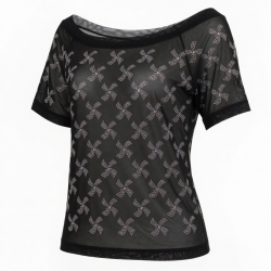 Shiny Rhinestone Off Shoulder Tops Windmill Pattern Mesh Tee Tops Nightclub Short Sleeve Shirts for Lowest