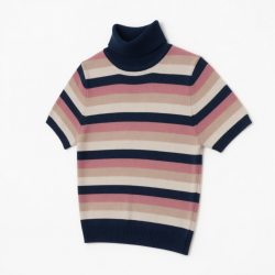 Half Turtleneck Striped Short Sleeve Crop Top Slim Fit Soft Breathable Knitted Blouse Casual Wear Multi-Color