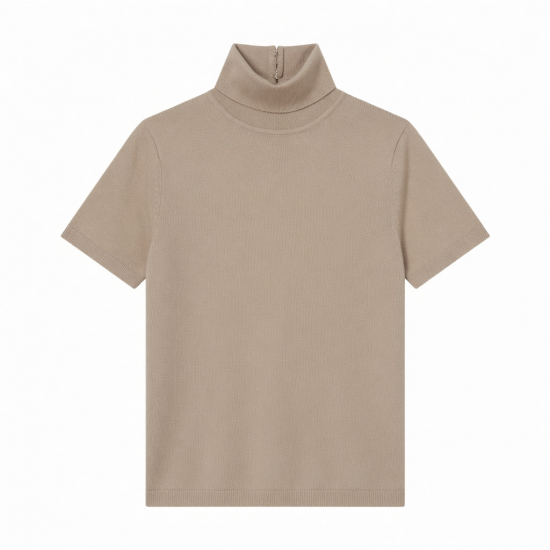 Hook Closure High Stretch Turtleneck Top Casual Slim Fit Short Sleeve Solid Color Summer Knitted