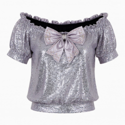 Butterfly Bow Rhinestone Off Shoulder Shiny Sequined Clothes Tee Tops Nightclub Short Sleeve Shirts Party