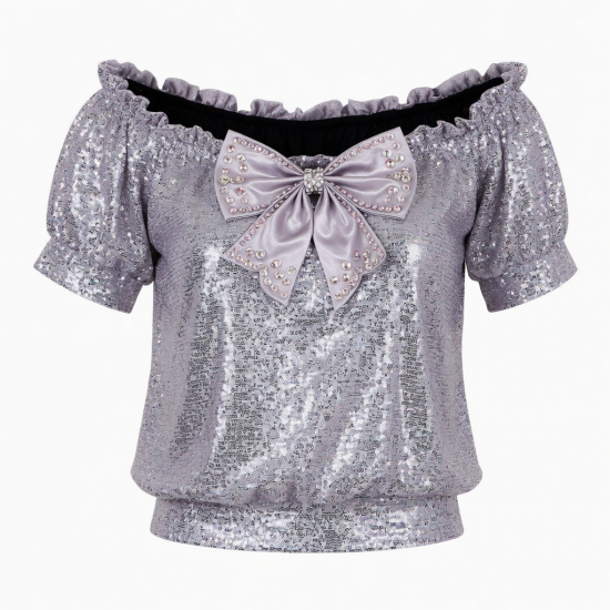 Butterfly Bow Rhinestone Off Shoulder Shiny Sequined Clothes Tee Tops Nightclub Short Sleeve Shirts Party