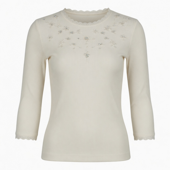 Summer Fashion Sexy Club Elegant Lace Trim Breathable Ribbed Knit Regular Sleeve O-Neck Slim Fit Beaded Top