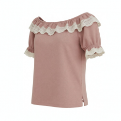 Solid Color Knit Top with Lace Ruffle Off-Shoulder Neckline, Short Sleeve Blouse