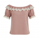 Solid Color Knit Top with Lace Ruffle Off-Shoulder Neckline, Short Sleeve Blouse